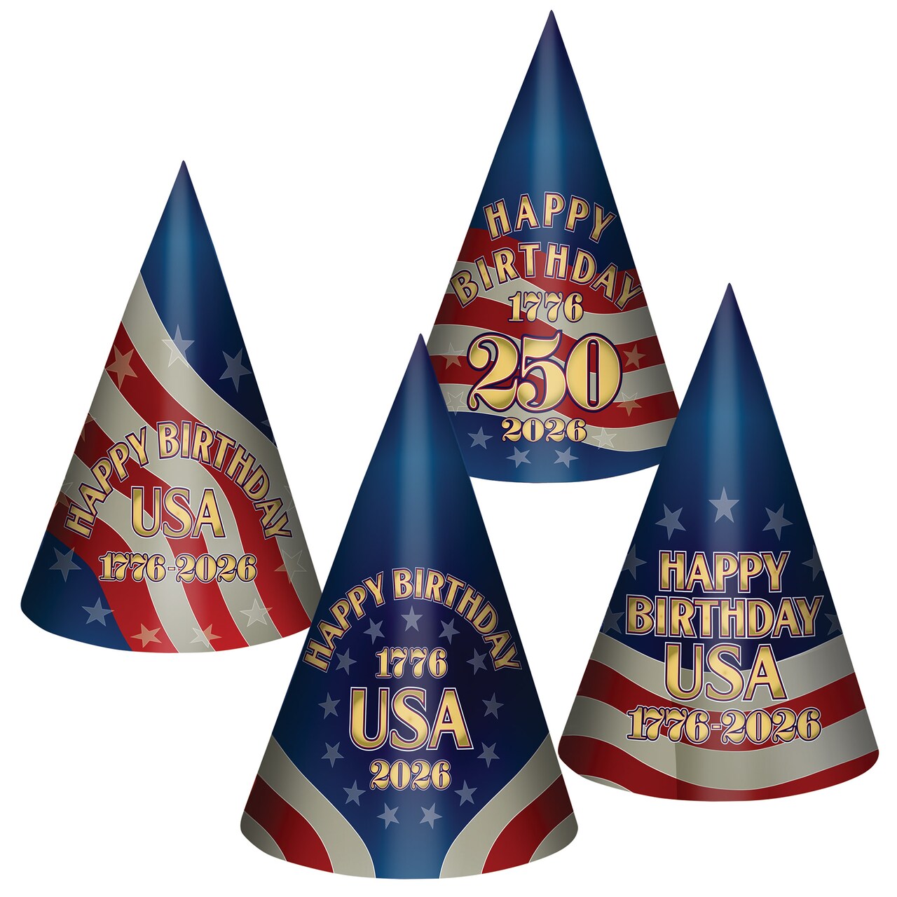 Beistle - 9" - Multicolor - Assorted Semiquincentennial Celebration Cone Hats - 12 Pieces